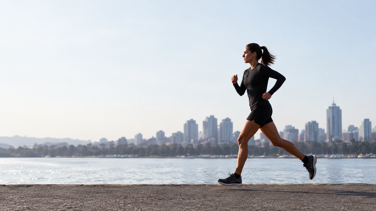 Woman running beside the water with a city skyline